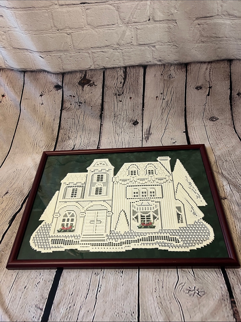 Framed vintage Lace art Victorian House cottagon plush Green Backing wall decor